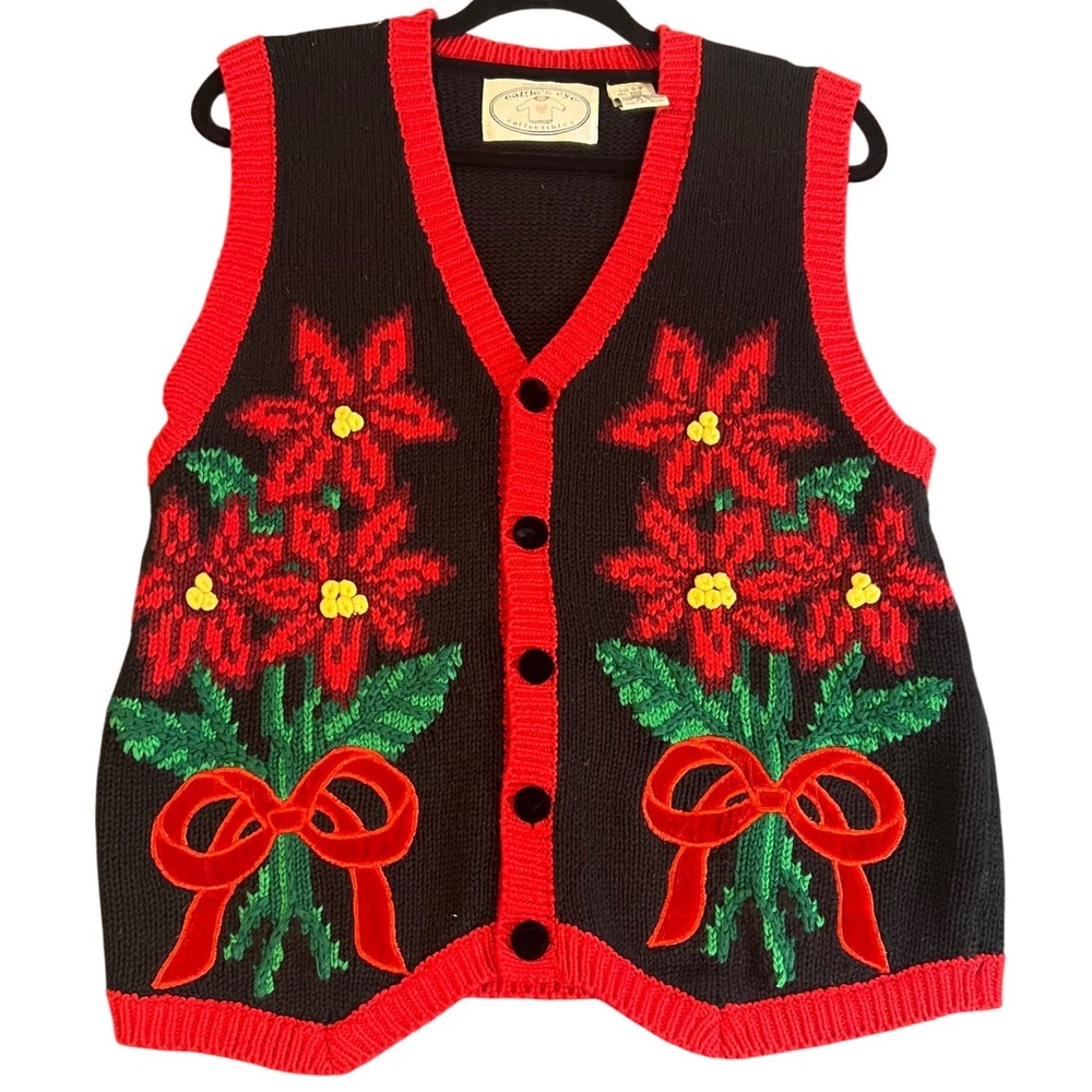 Vintage 90s Poinsettia Christmas Sweater Vest 3D Velvet Bow Holiday Knit Petite